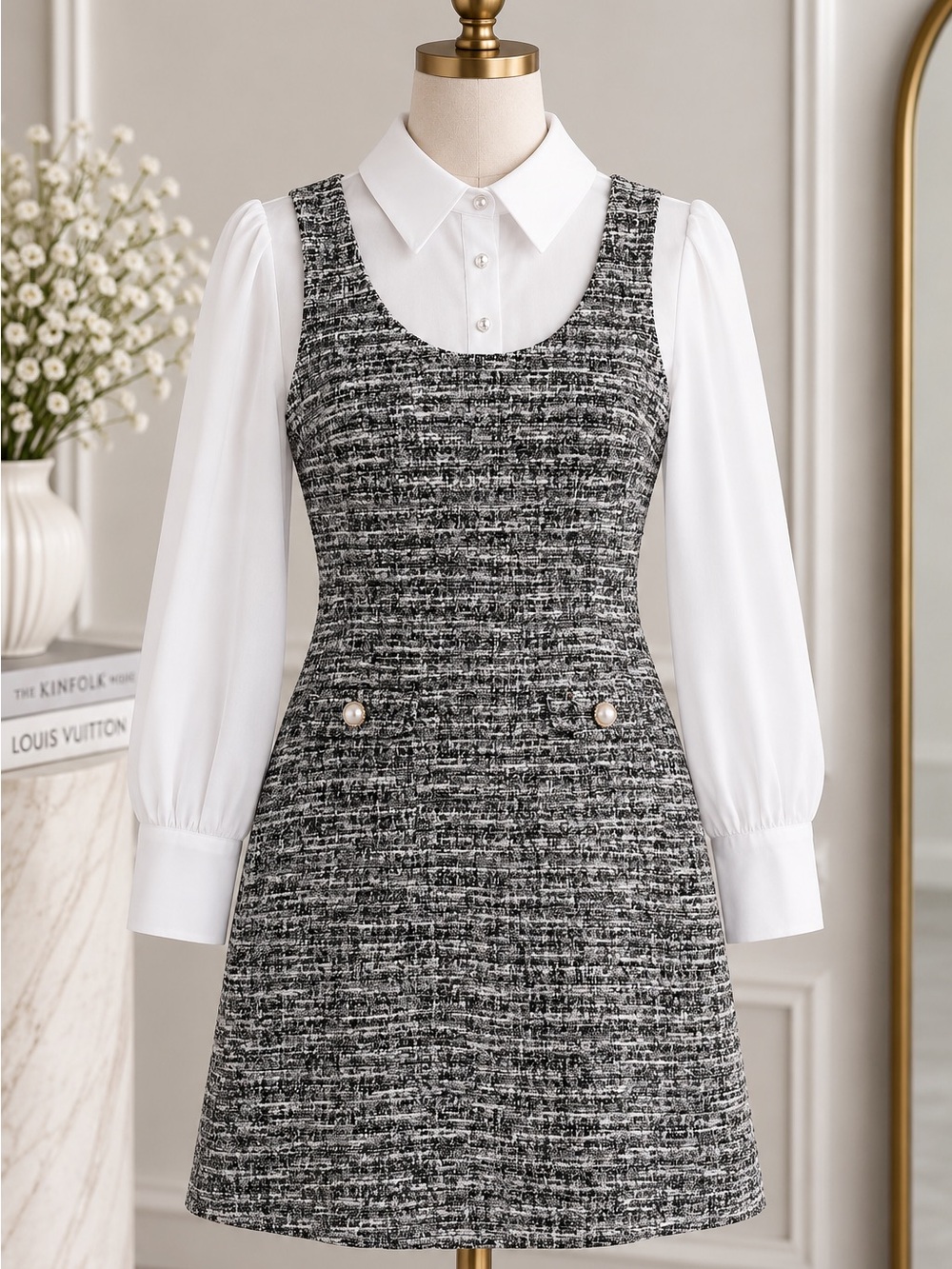 Enfocus Studio Black & White Tweed Pinafore Mini Dress